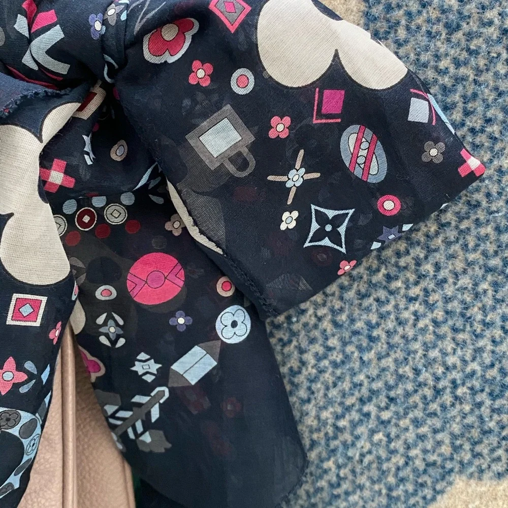 Louis Vuitton Silk Scarf Navy Monogram Floral Print Bandana Style Authentic - Picture 3 of 8